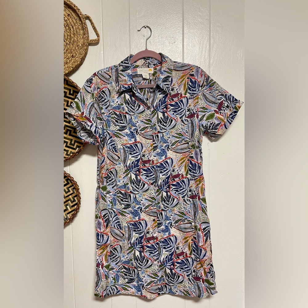 C&C California Linen Shirt Dress Tropical  Collared Short Sleeve Size M Pockets